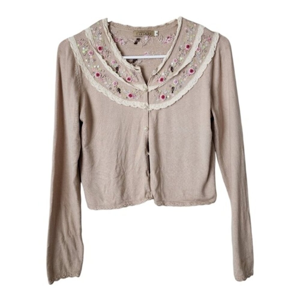 Y2K Coquette Cream Knit Cardigan Top with Floral Beading Pearls Sequins M - Picture 2 of 11